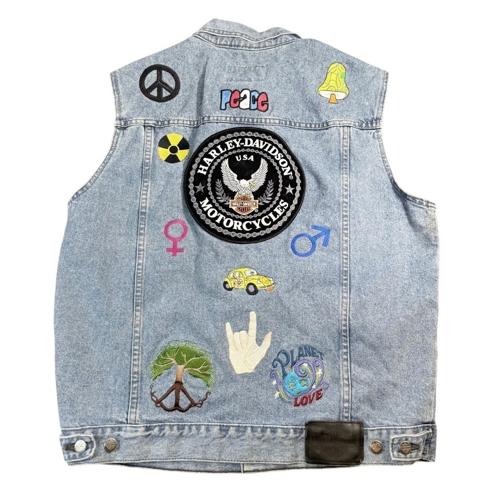 Harley-Davidson Denim Jean Vest LRG Y2K Vintage Peace Patch Hippie‎ Grunge ALT